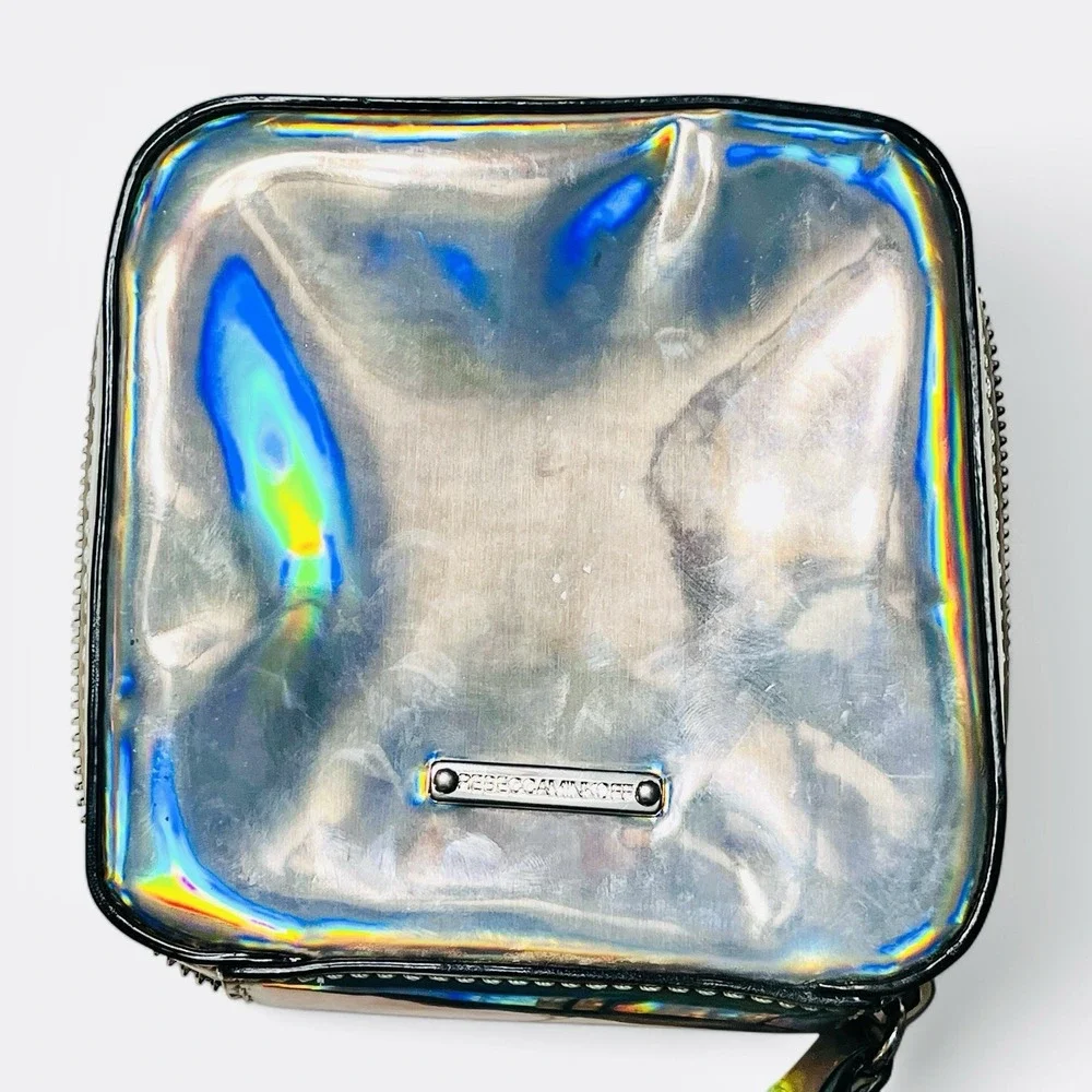 Rebecca Minkoff Iridescent Metallic Foil Square Wristlet Bag Clutch Silver Studs